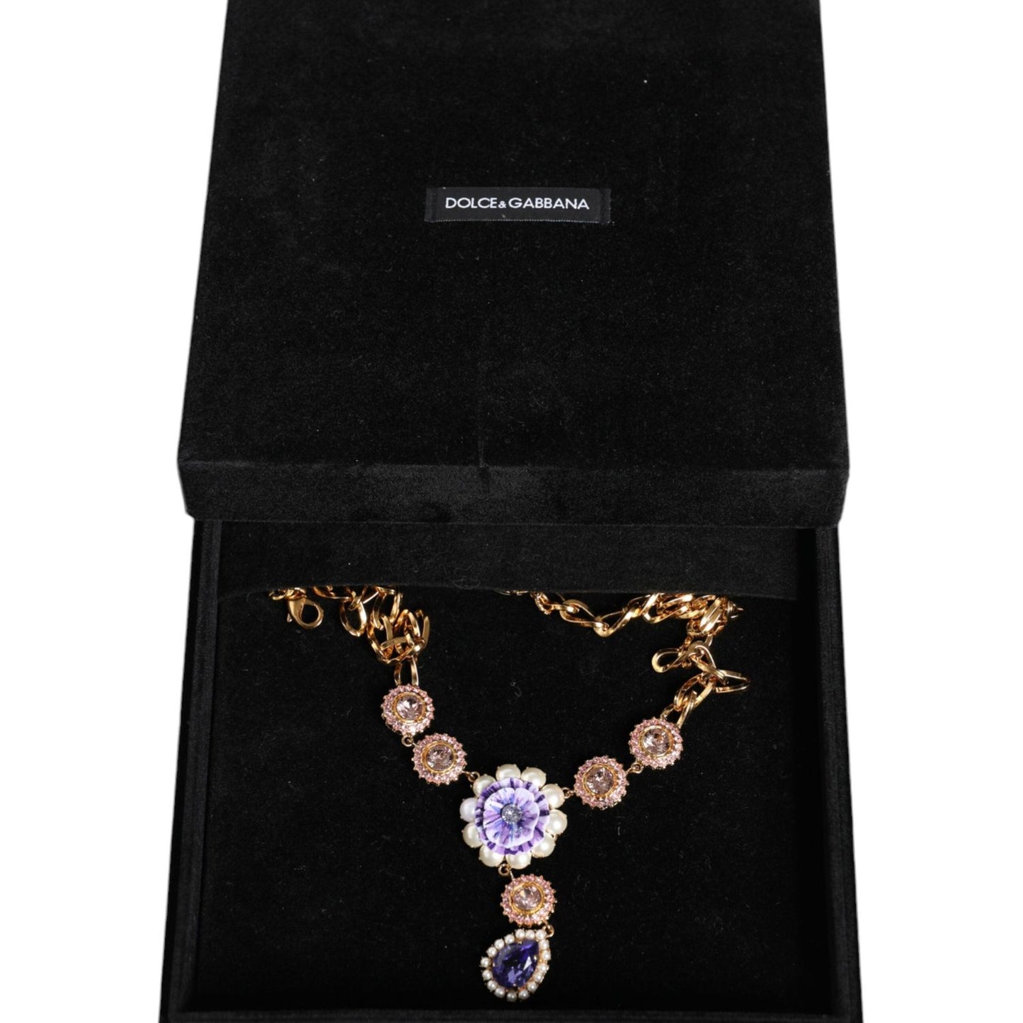 Dolce & Gabbana Gold Brass Crystal Purple Pink Pearl Pendants Necklace Dolce & Gabbana