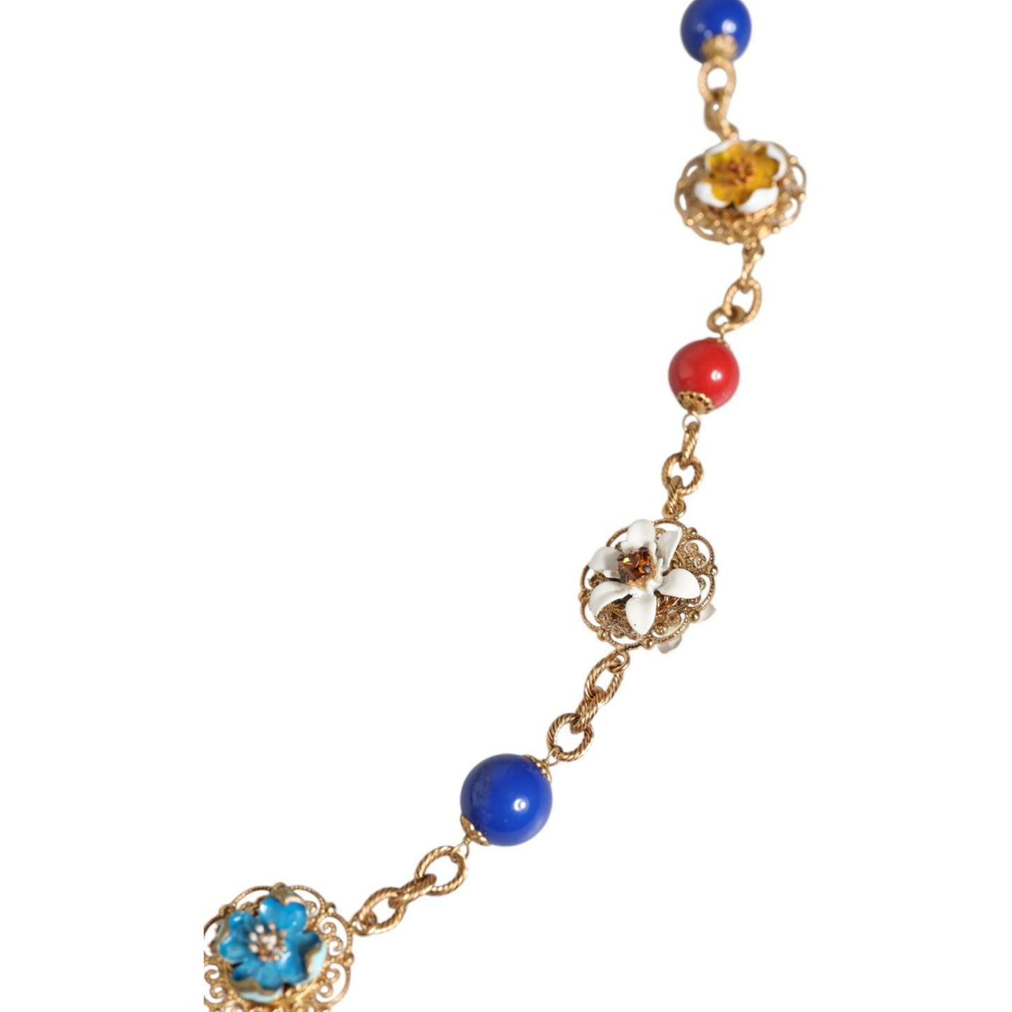 Dolce & Gabbana Gold Tone Brass Chain Floral Crystal Beaded Necklace Necklace Dolce & Gabbana