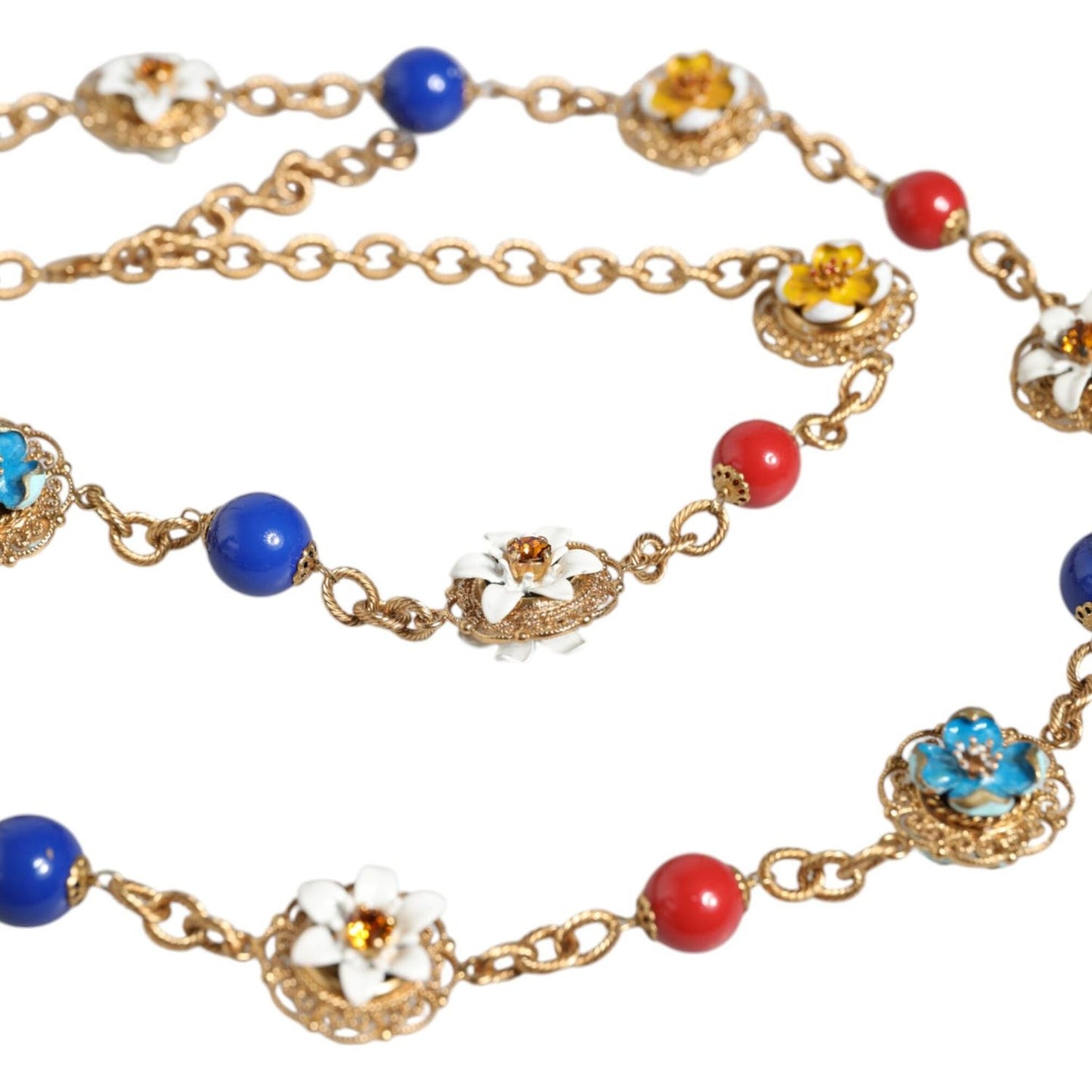 Dolce & Gabbana Gold Tone Brass Chain Floral Crystal Beaded Necklace Necklace Dolce & Gabbana