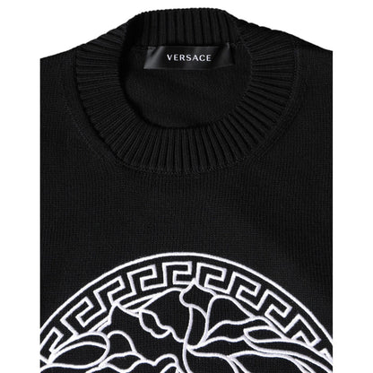 Versace Black Medusa Embroidery Crew Neck Pullover Sweater