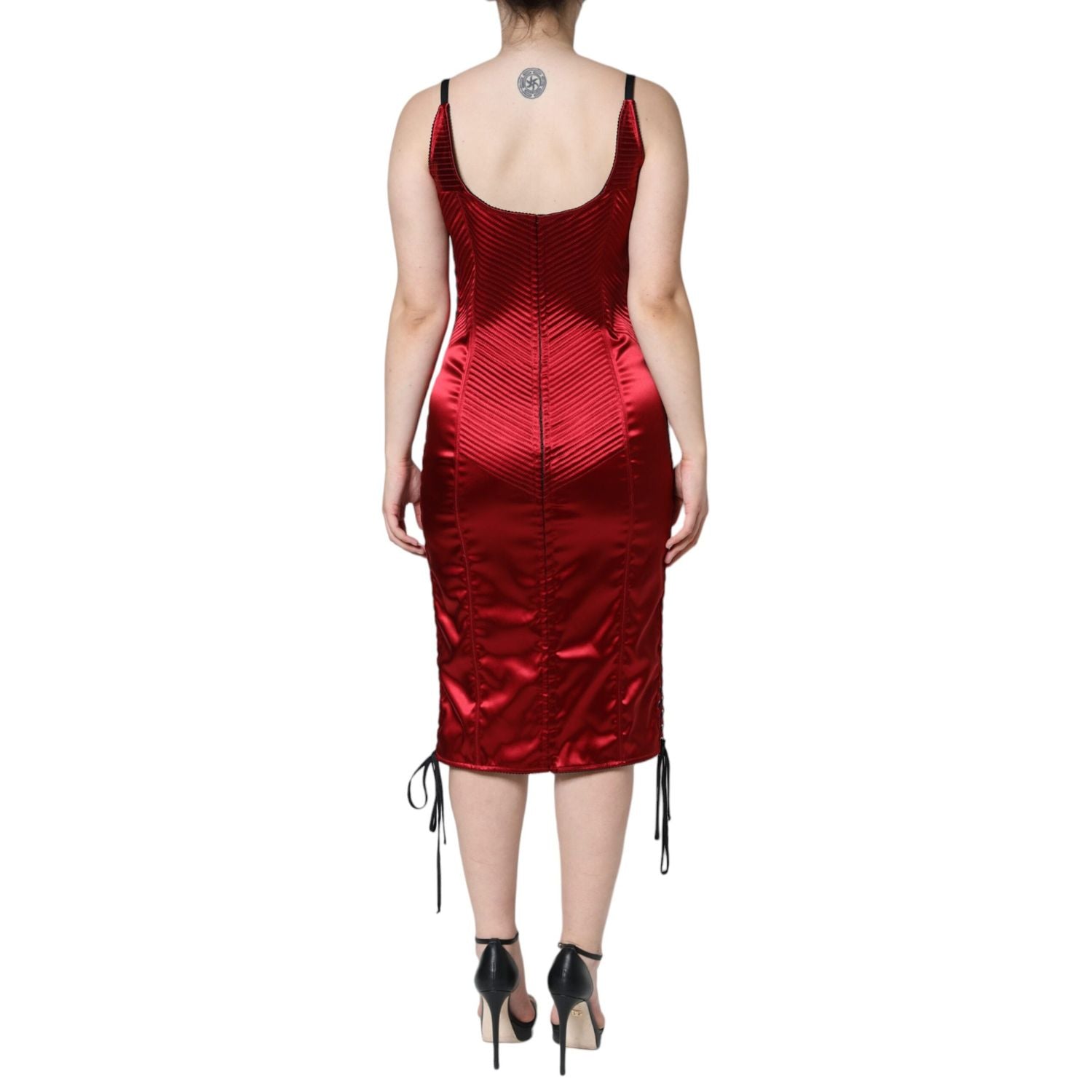 Dolce & Gabbana Red Bustier Corset Lace Bodycon Midi Dress