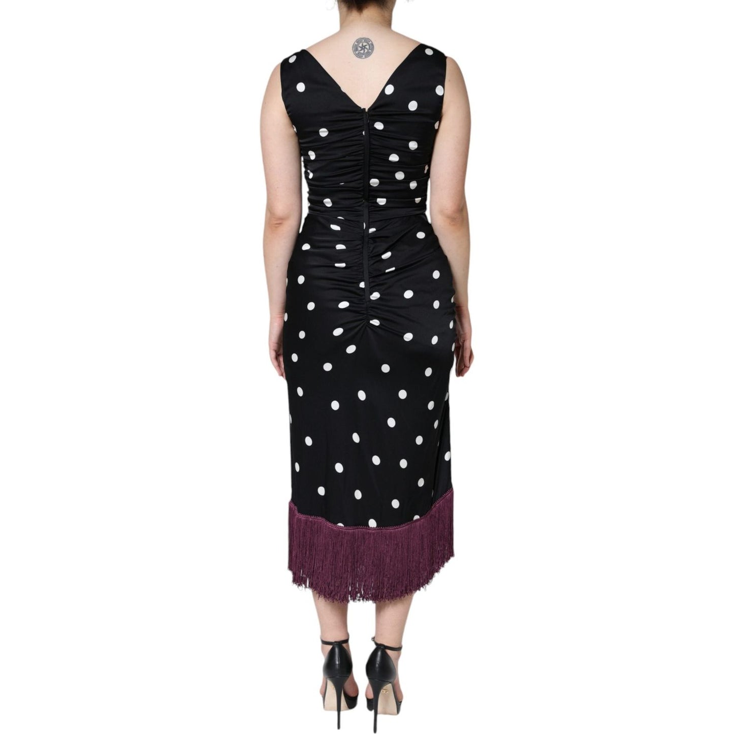 Dolce & Gabbana Black Silk Polka Dot V-neck Tassel Midi Dress Dolce & Gabbana