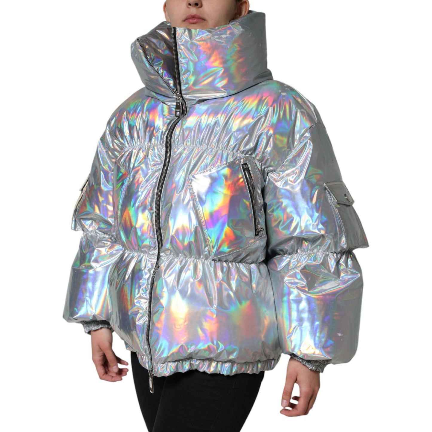 Dolce & Gabbana Silver Iridescent Puffer Full Zip Coat Jacket Dolce & Gabbana