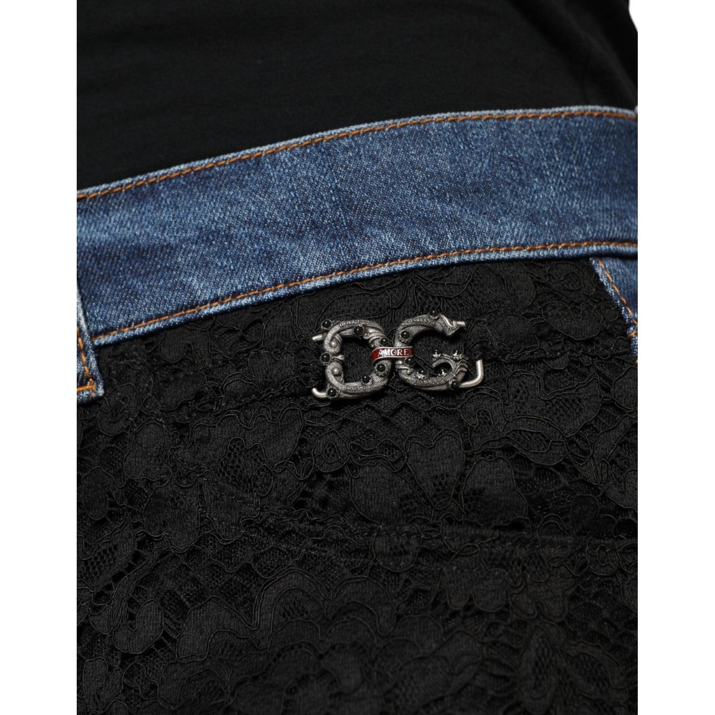 Dolce & Gabbana Black Floral Lace Front Skinny Denim Jeans Dolce & Gabbana