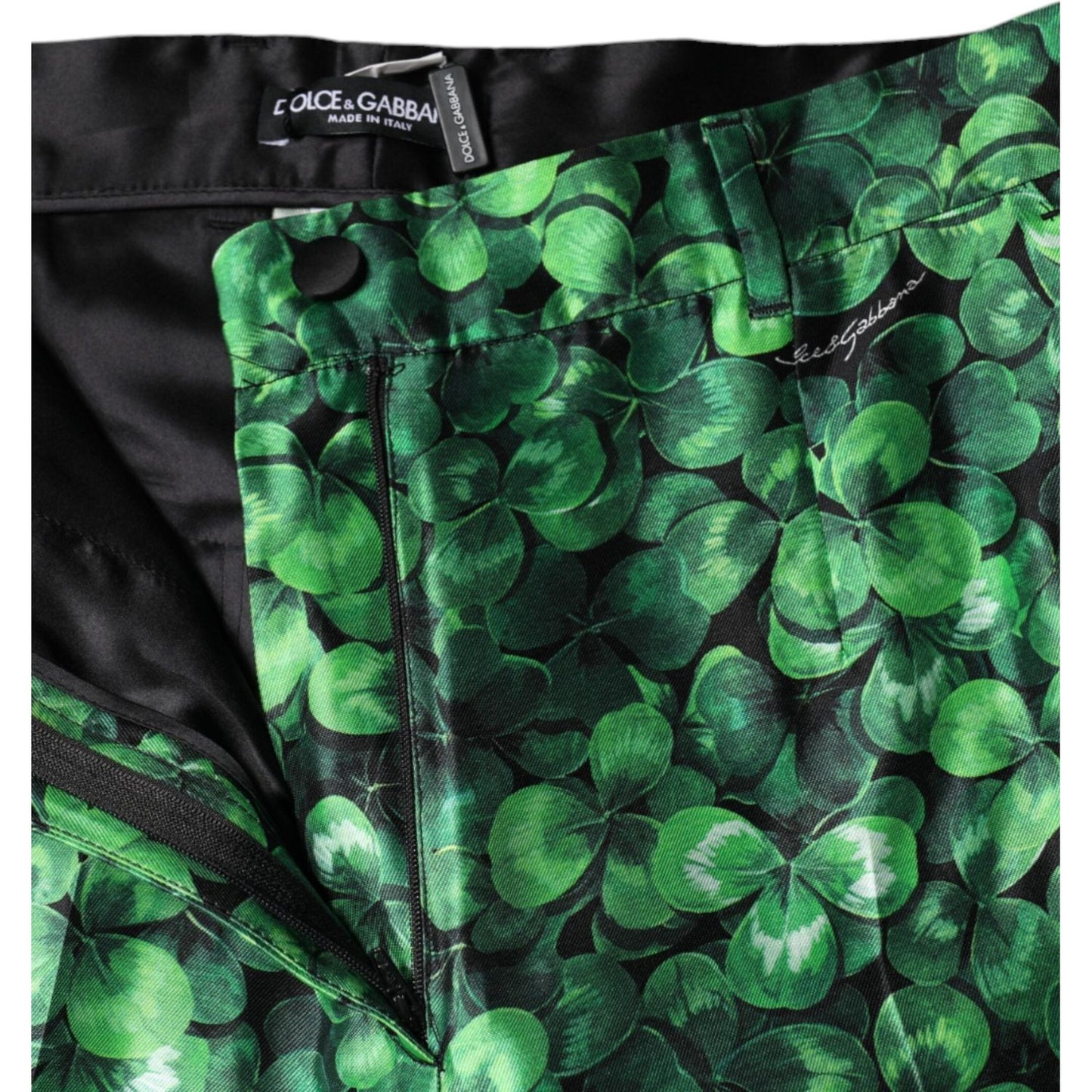 Dolce & Gabbana Green Clover Silk Satin High Waist Tapered Pants Dolce & Gabbana