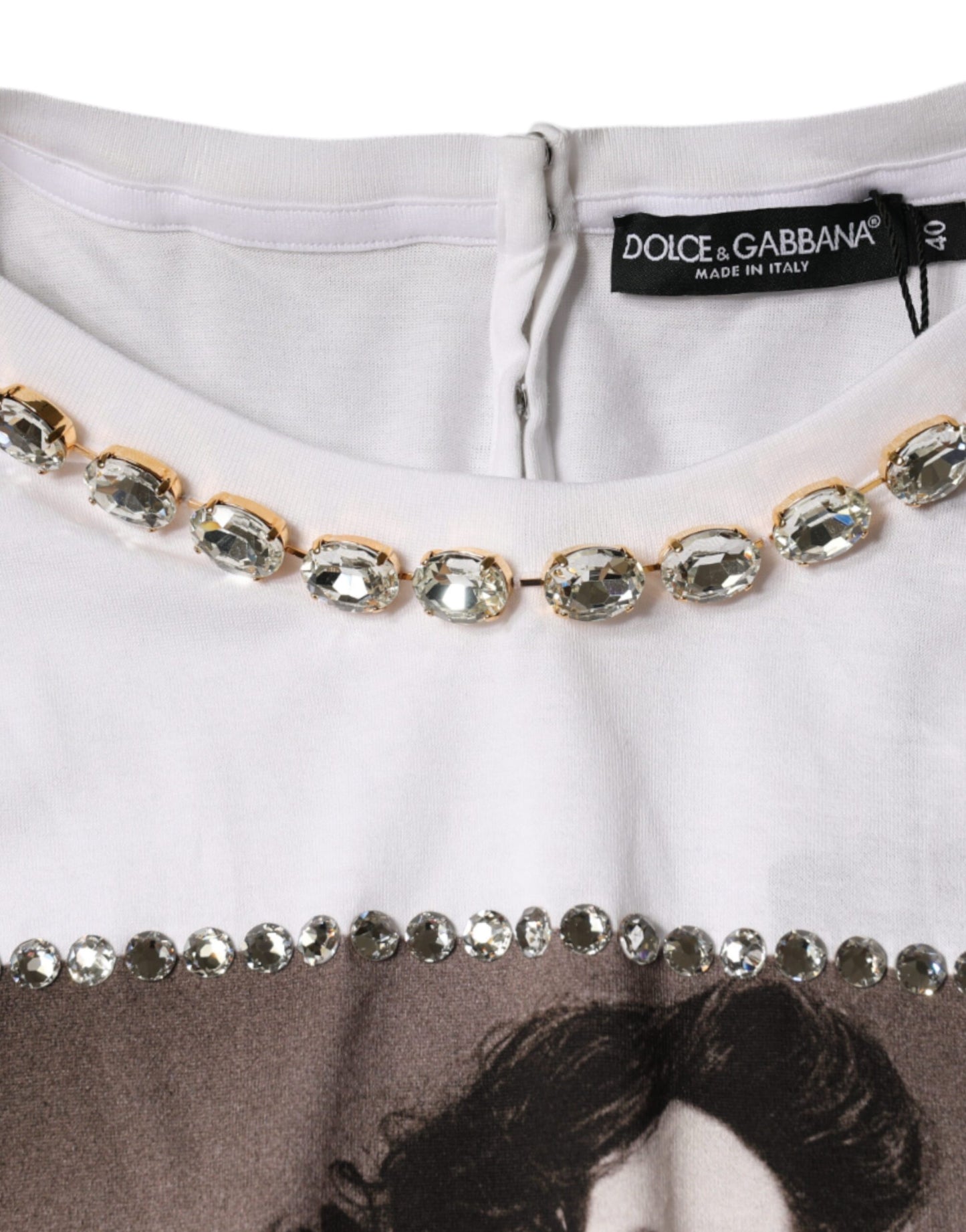 Dolce & Gabbana White Crystal Neckline Embellished Printed T-shirt Dolce & Gabbana