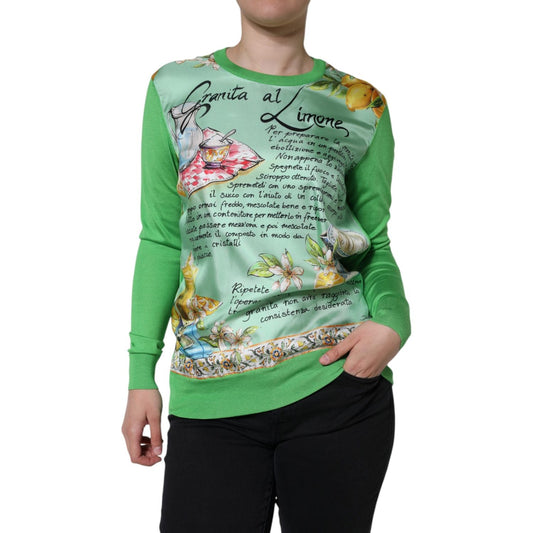 Dolce & Gabbana Green Silk Granita Al Limone Long Sleeves Sweater 1728,67345645728,Clothing,Dolce & Gabbana,Green,IT42|M,Long Sleeve - T-Shirts - Clothing,Material: 100% Silk,Pattern - Shirts - Clothing,Preowned / Defect,Shirts - Clothing,Sweaters - Cloth