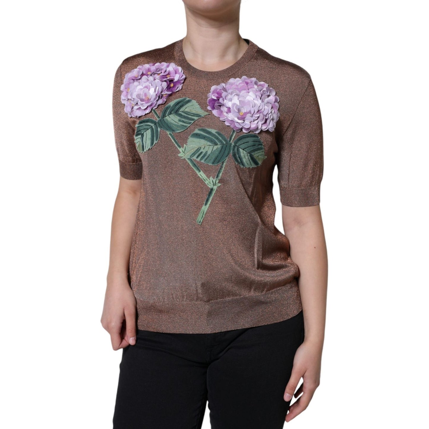 Dolce & Gabbana Brown Floral Applique Viscose Short Sleeve Top Dolce & Gabbana