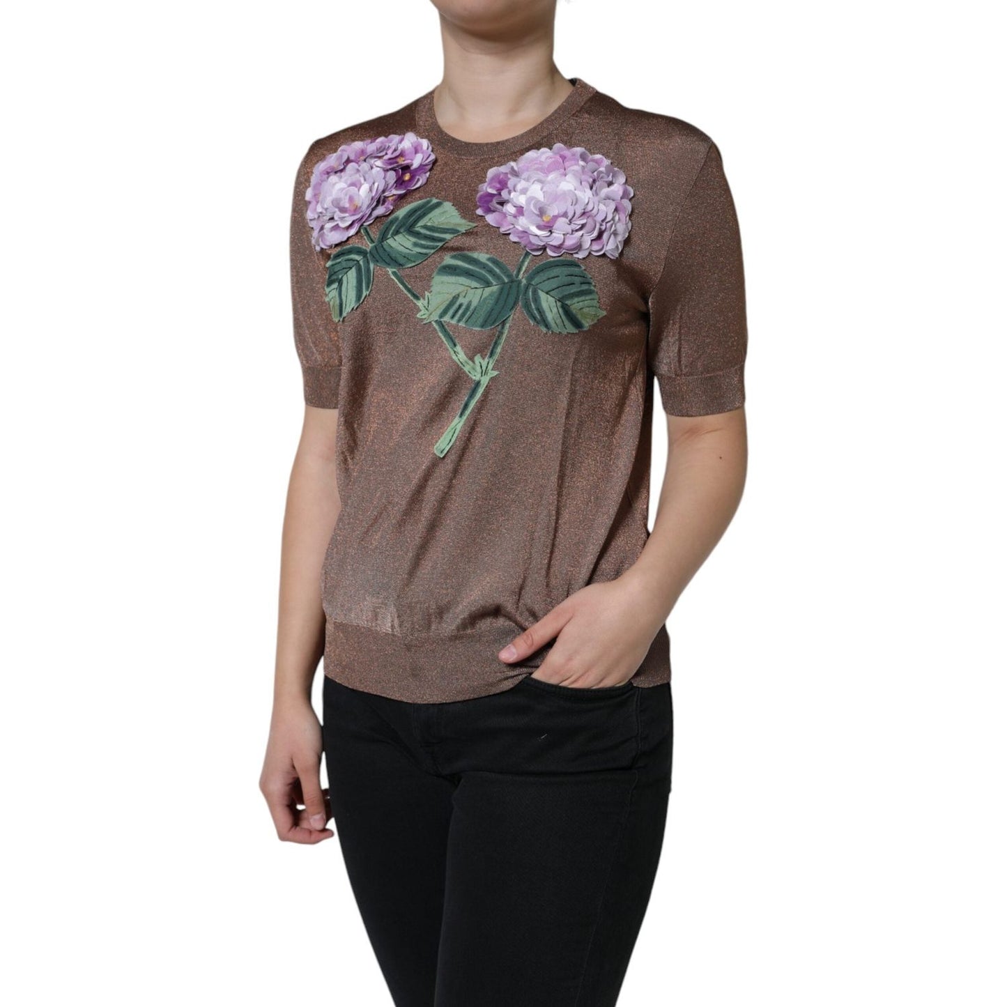 Dolce & Gabbana Brown Floral Applique Viscose Short Sleeve Top Dolce & Gabbana