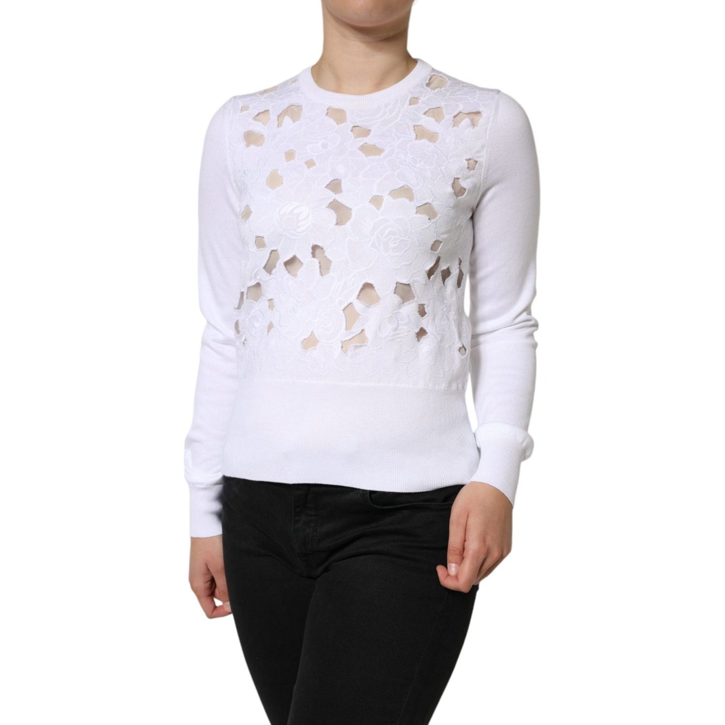 Dolce & Gabbana White Lace Cut Out Long Sleeves Pullover Sweater Dolce & Gabbana