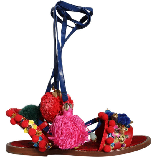 Dolce & Gabbana Multicolor Pom Pom Fur Wrap Sandals Shoes Dolce & Gabbana