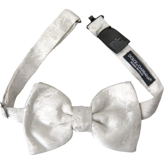 White Floral Silk Adjustable Men Neck Bow Tie