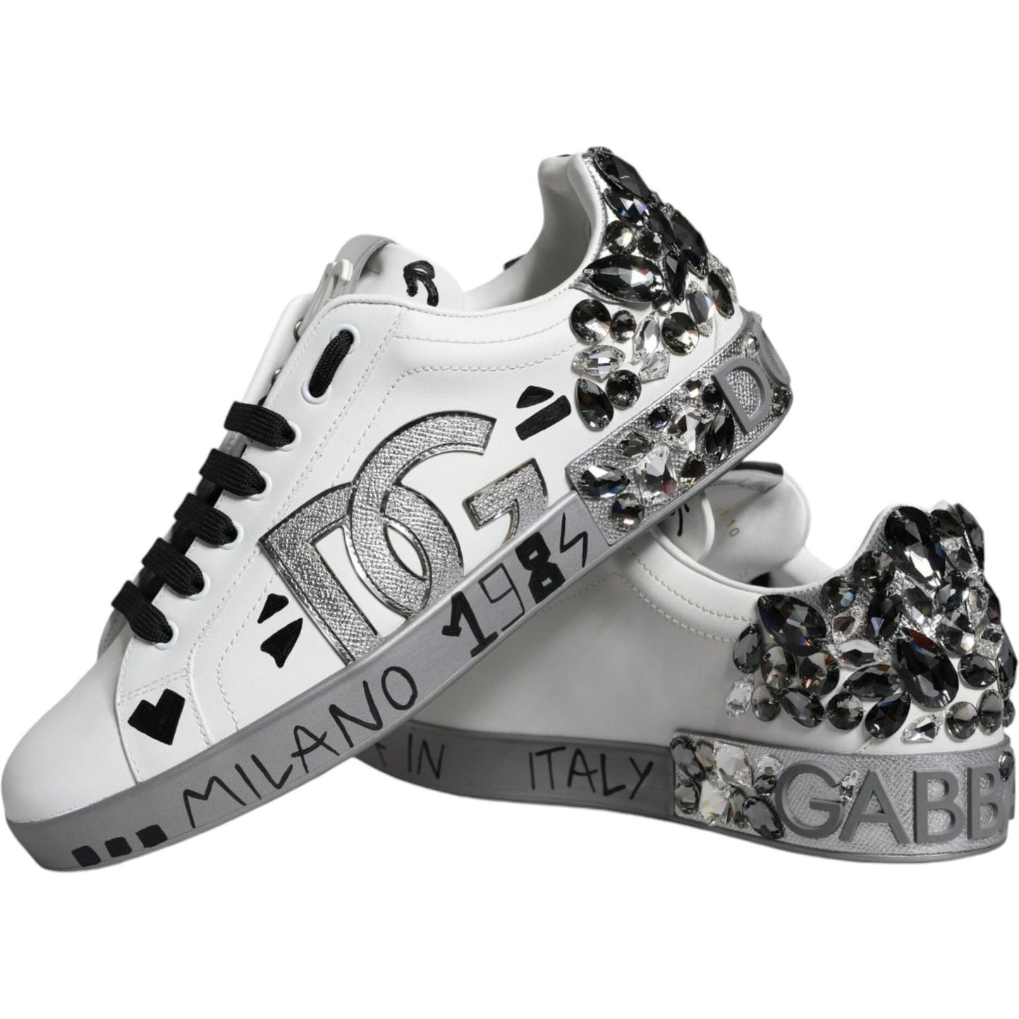 Dolce & Gabbana White Silver Crystal Logo Portofino Sneakers Shoes Dolce & Gabbana