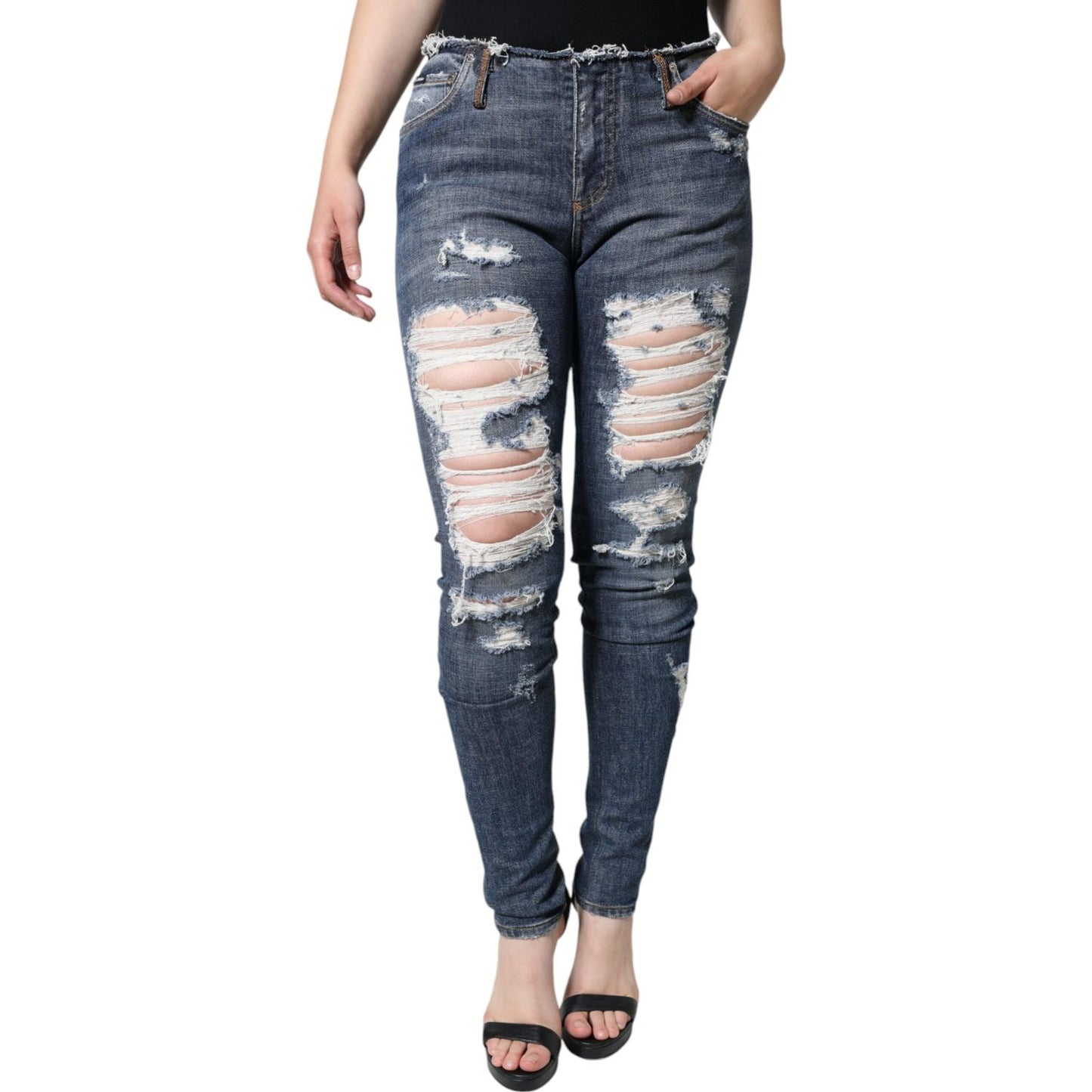 Dolce & Gabbana Blue Cotton Stretch Tattered Skinny Jeans Dolce & Gabbana