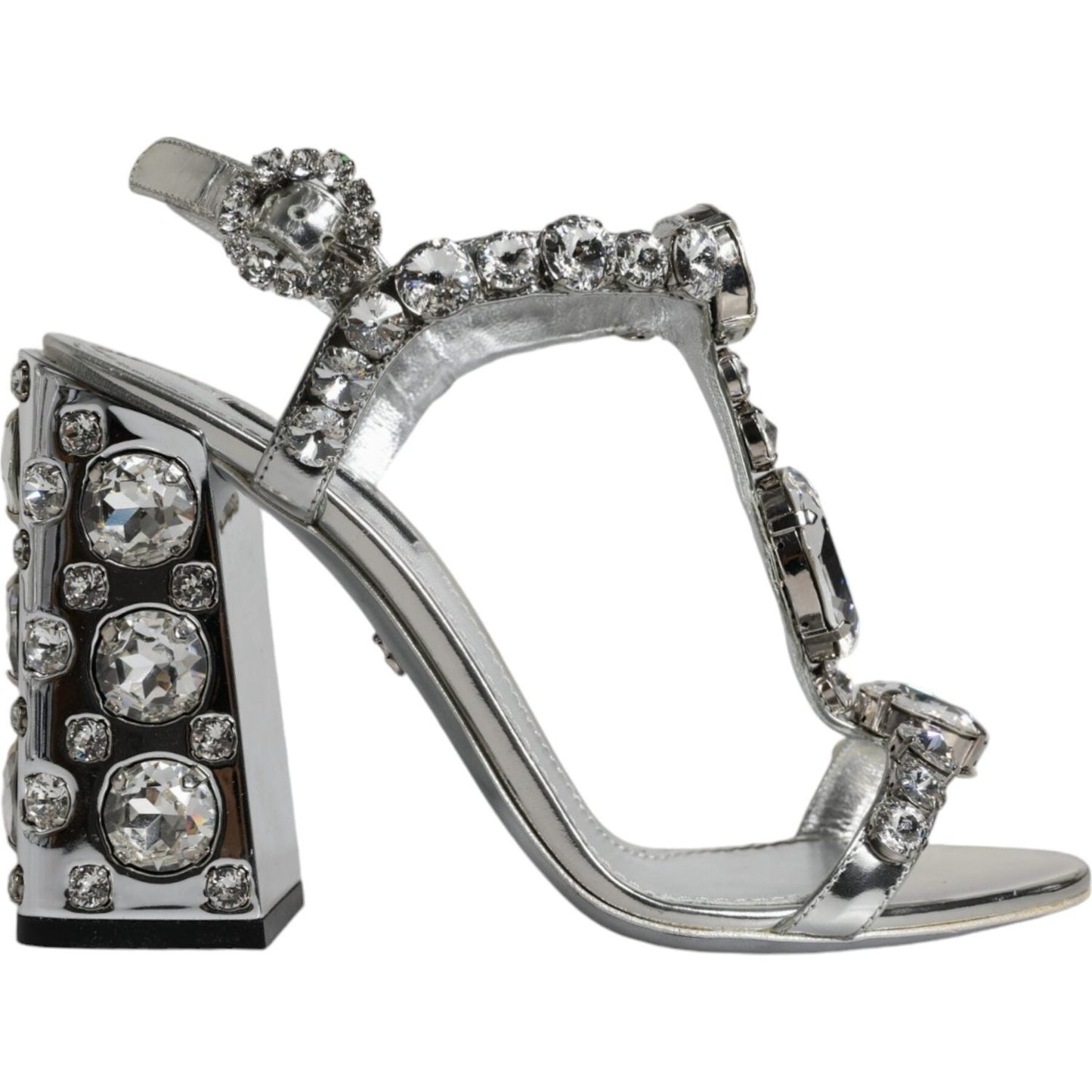 Dolce & Gabbana Silver Leather T-strap Crystal Sandals Shoes Dolce & Gabbana