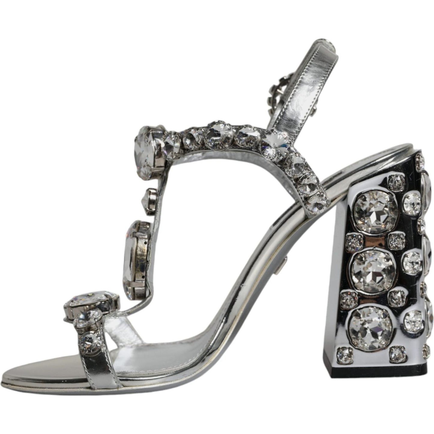 Dolce & Gabbana Silver Leather T-strap Crystal Sandals Shoes Dolce & Gabbana