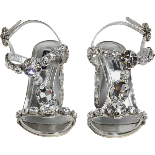 Dolce & Gabbana Silver Leather T-strap Crystal Sandals Shoes Dolce & Gabbana