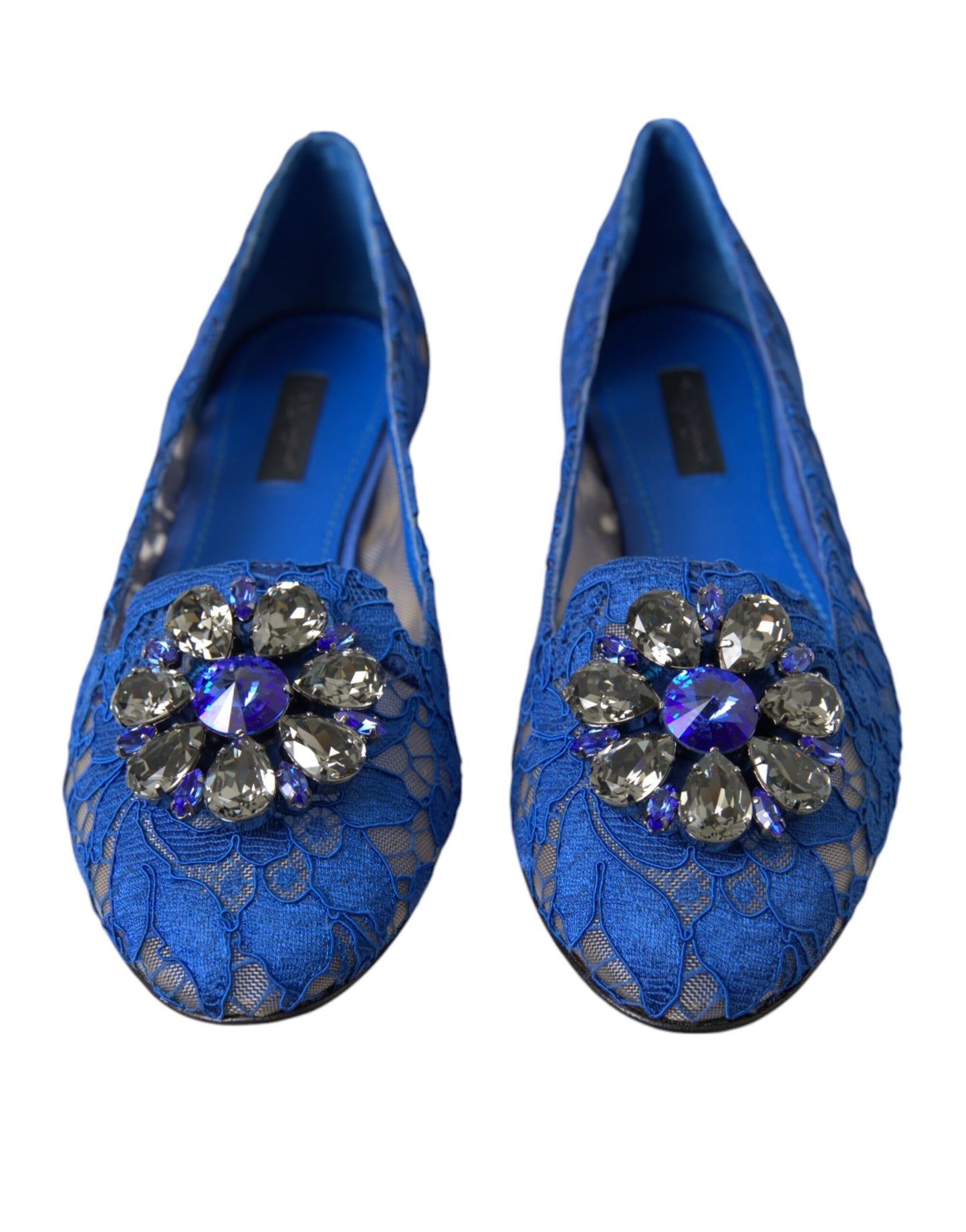 Dolce & Gabbana Blue Lace Crystal Ballet Flats Loafers Shoes Dolce & Gabbana