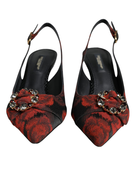 Dolce & Gabbana Black Red Floral Crystal Heel Slingback Shoes Dolce & Gabbana