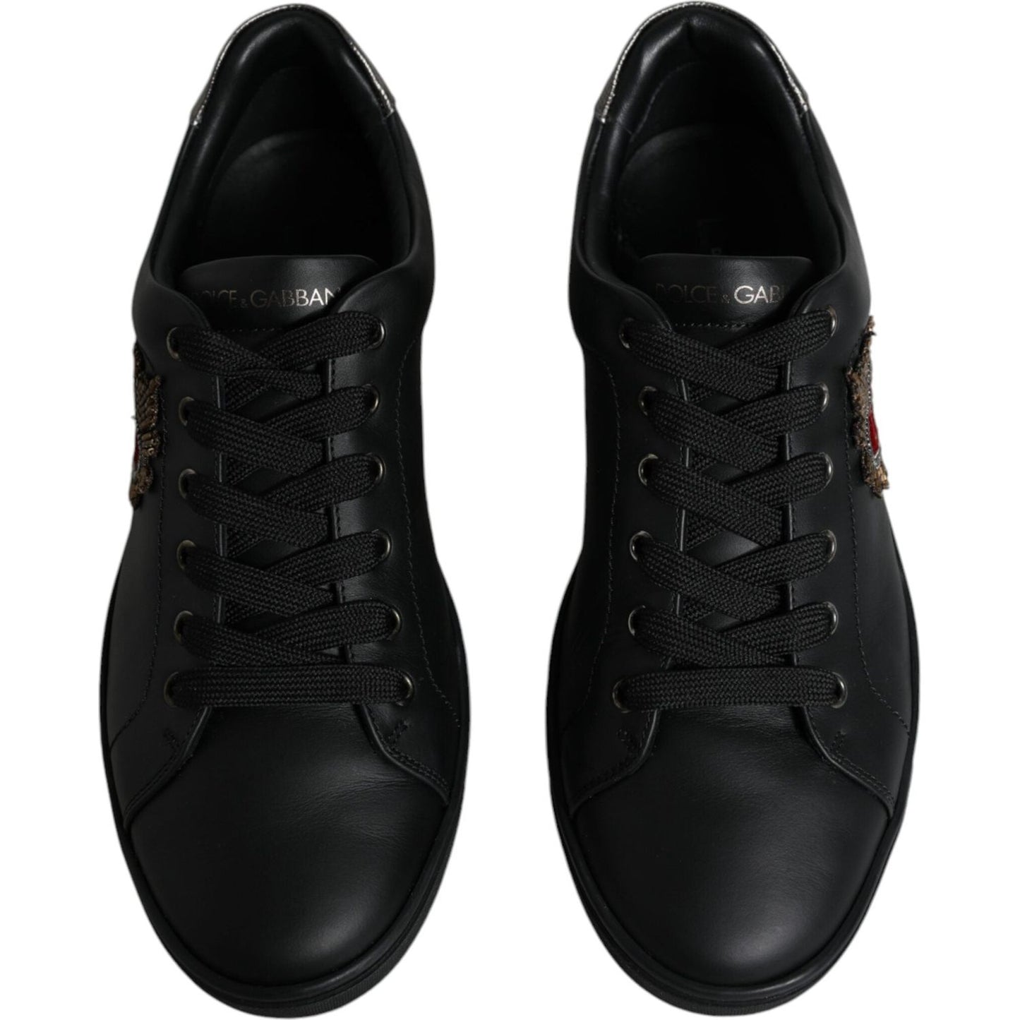 Dolce & Gabbana Black Leather Heart Embellished Sneakers Shoes Dolce & Gabbana