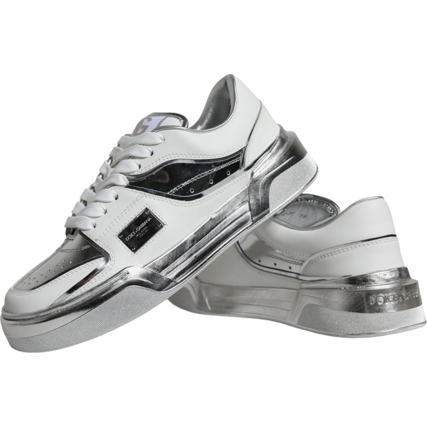 Dolce & Gabbana White Silver Leather Low Top Sneakers Shoes Dolce & Gabbana