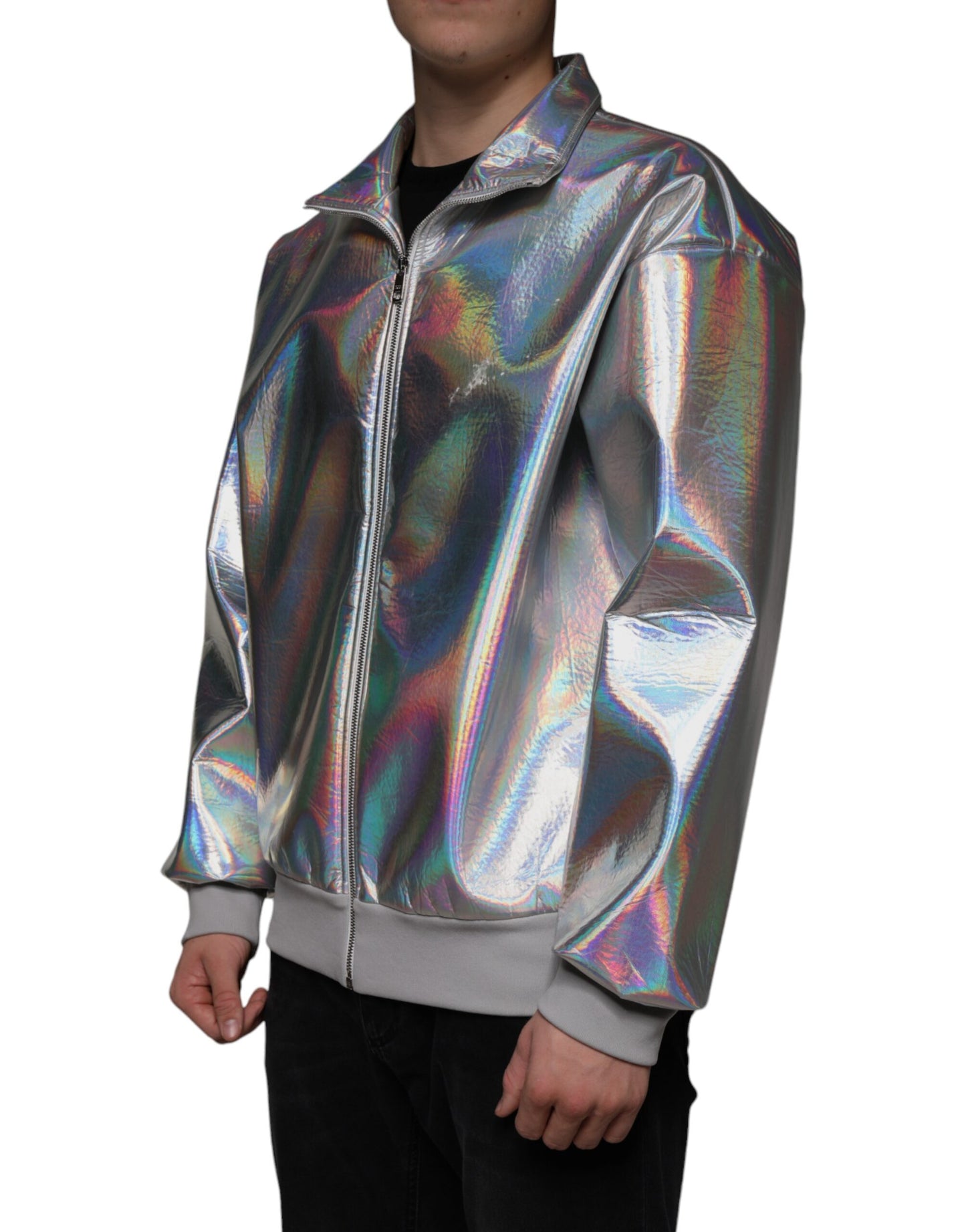 Dolce & Gabbana Silver Iridescent Full Zip Men Bomber Jacket Dolce & Gabbana