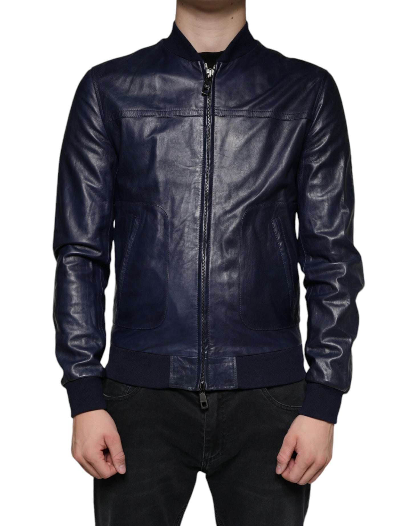 Dolce & Gabbana Blue Lambskin Leather Full Zip Biker Jacket Dolce & Gabbana