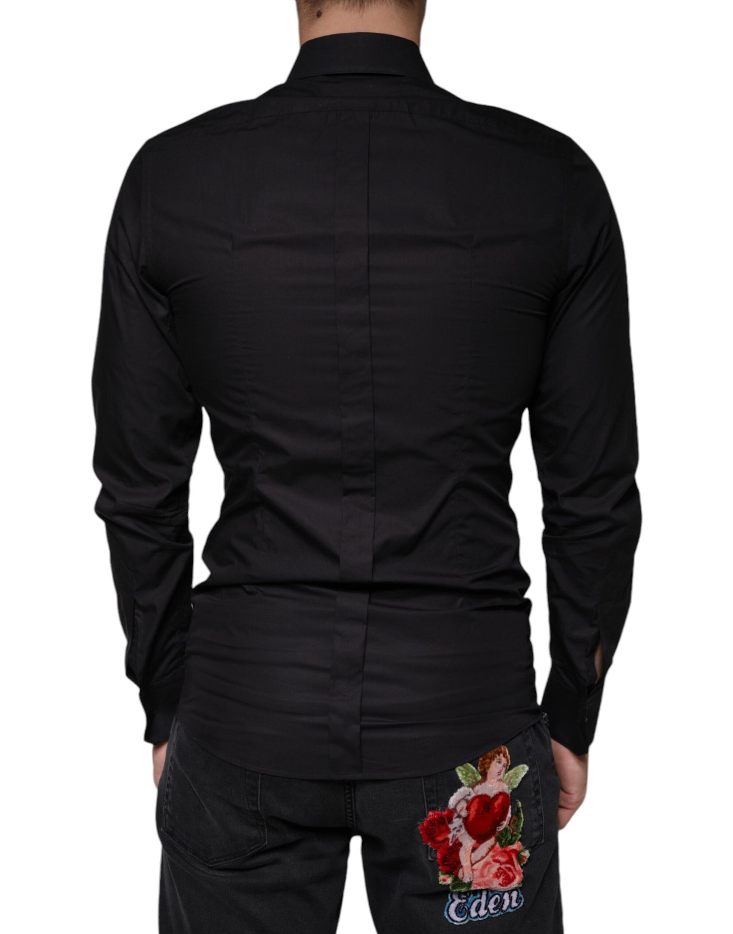 Dolce & Gabbana Black Cotton Stretch Dress GOLD Formal Shirt Dolce & Gabbana