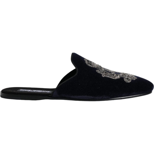 Dolce & Gabbana Black Velvet DG Crown Embroidery Slides Shoes