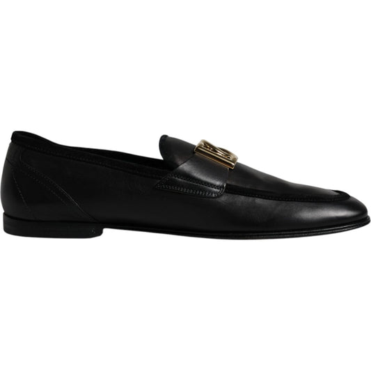 Dolce & Gabbana Black Leather Logo Slip On Loafers Shoes