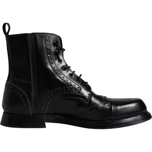 Dolce & Gabbana Black Leather Lace Up Mid Calf Boots Shoes