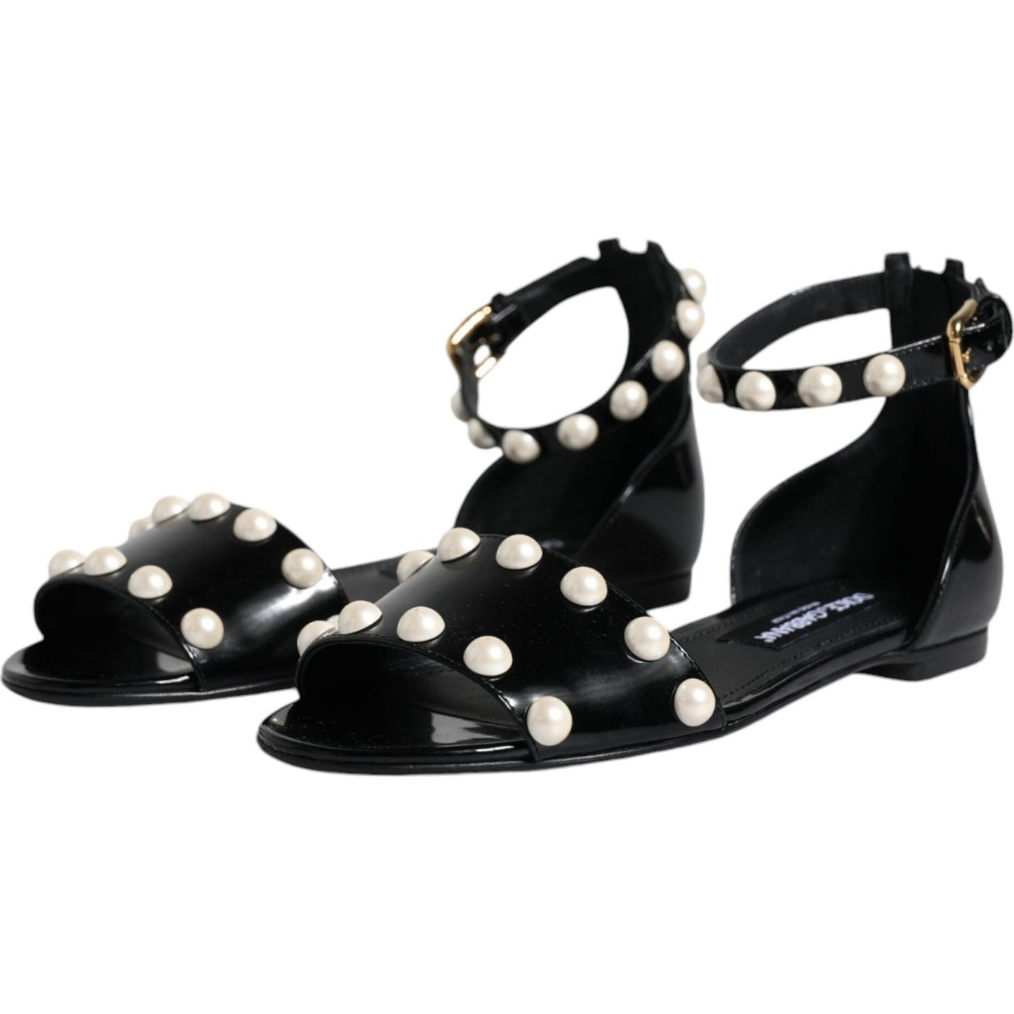 Dolce & Gabbana Black Leather Pearls Ankle Strap Sandals Shoes Dolce & Gabbana