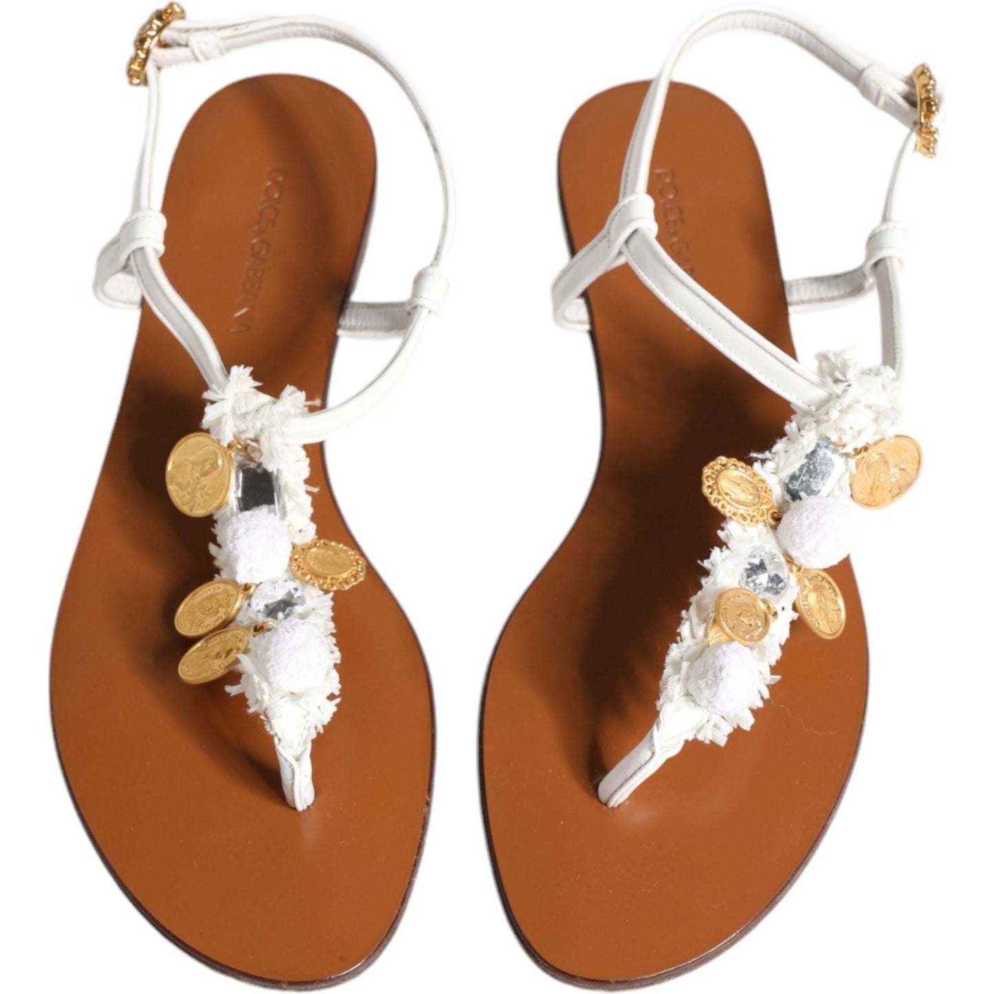 Dolce & Gabbana White Leather Coins Flip Flops Sandals Shoes Dolce & Gabbana