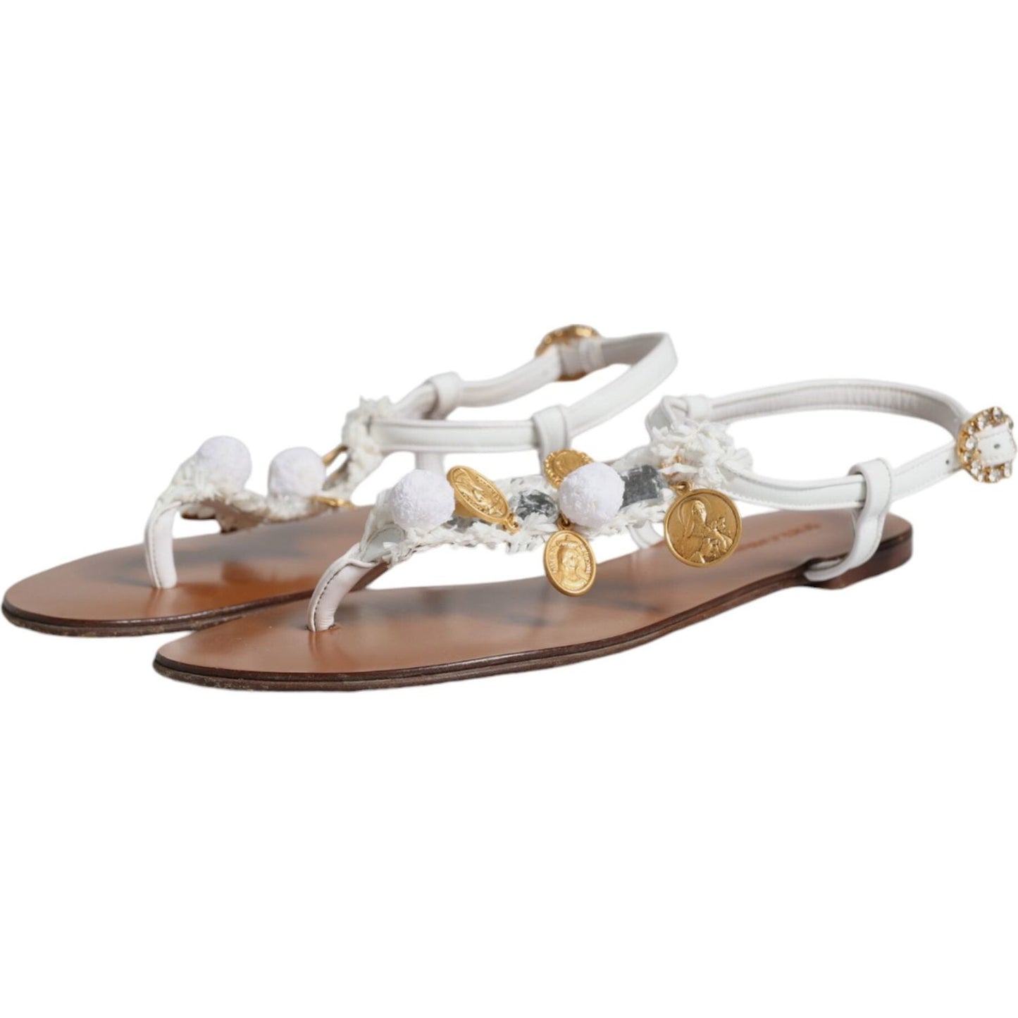 Dolce & Gabbana White Leather Coins Flip Flops Sandals Shoes Dolce & Gabbana