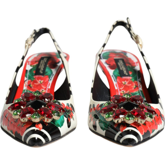 Dolce & Gabbana Multicolor Leather Crystal Heels Slingback Shoes