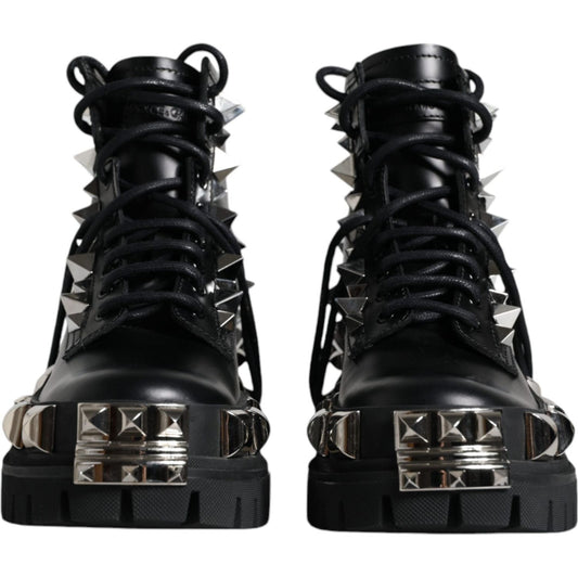 Dolce & Gabbana Black Leather Studded Trekking Boots Shoes