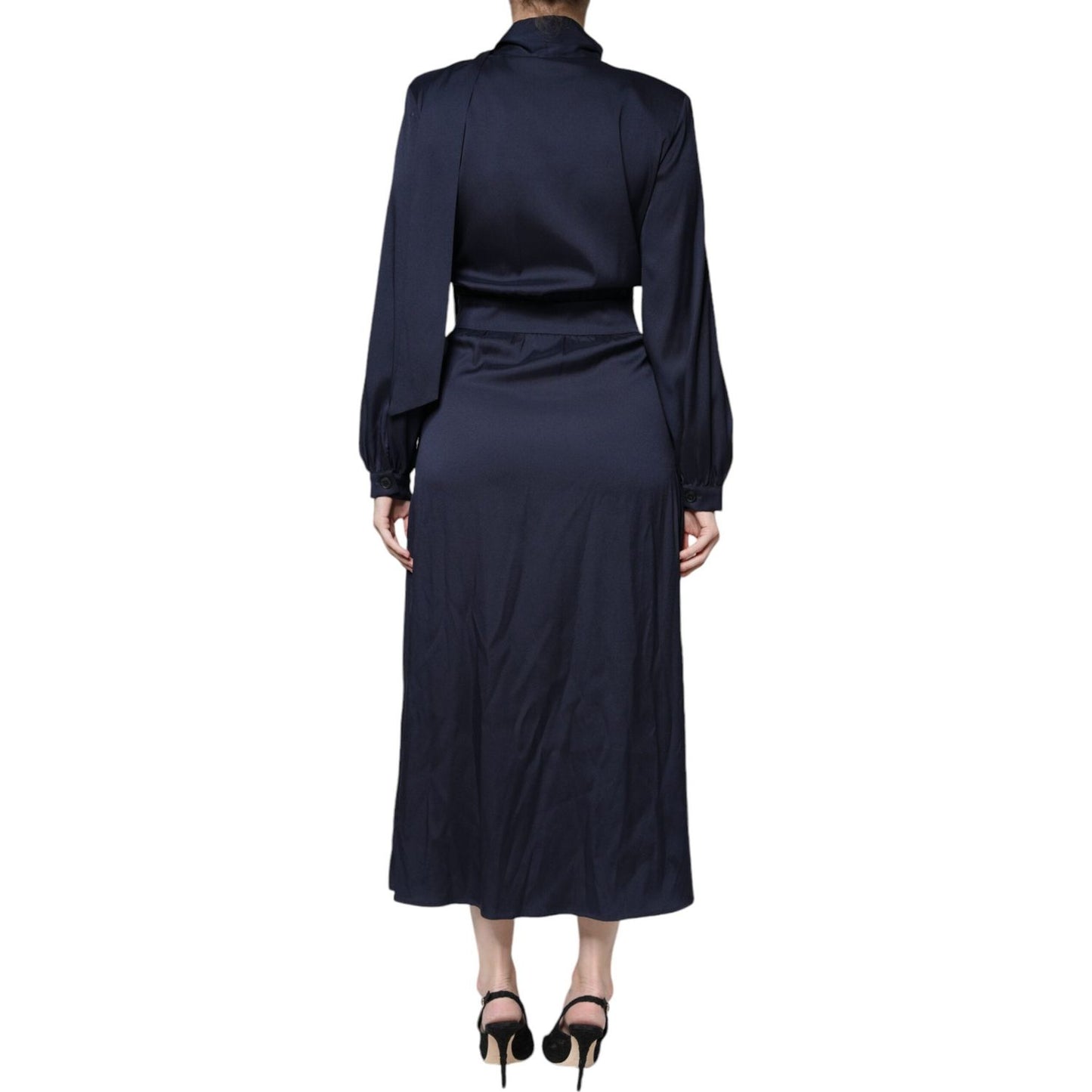 Ballantyne Dark Blue Long Sleeves Pleated A-line Maxi Dress Ballantyne