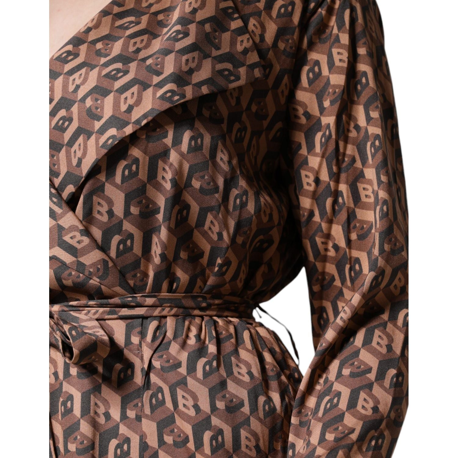Ballantyne Brown Printed Long Sleeves V-neck Wrap Midi Dress