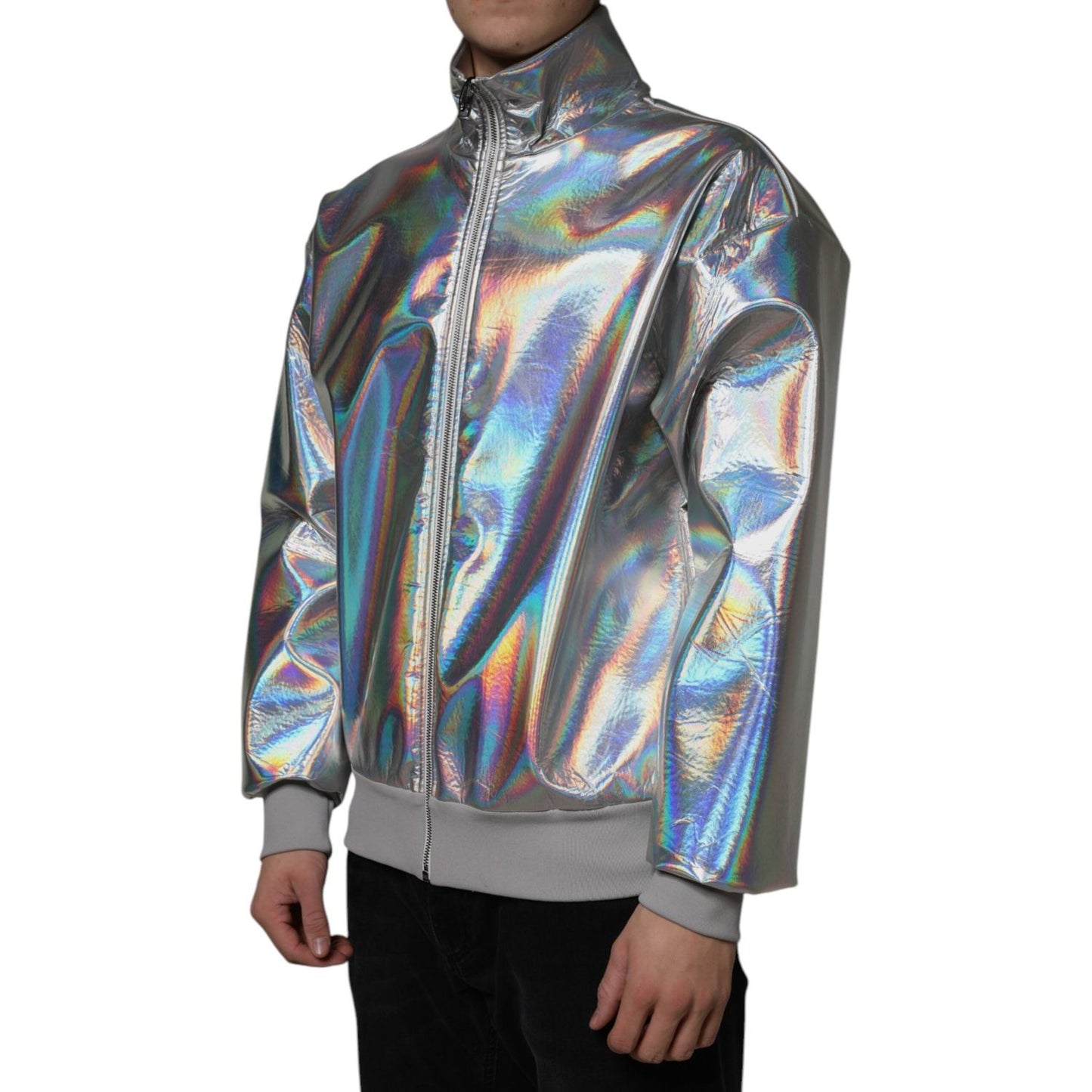 Dolce & Gabbana Silver Iridescent Full Zip Men Bomber Jacket Dolce & Gabbana