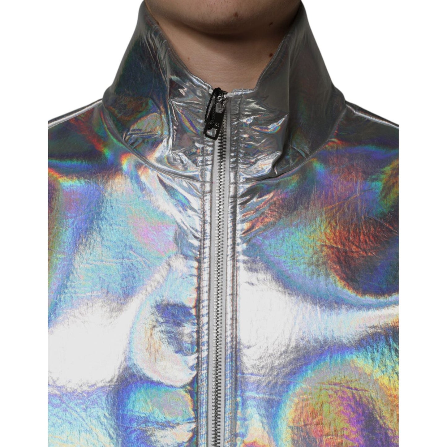 Dolce & Gabbana Silver Iridescent Full Zip Men Bomber Jacket Dolce & Gabbana