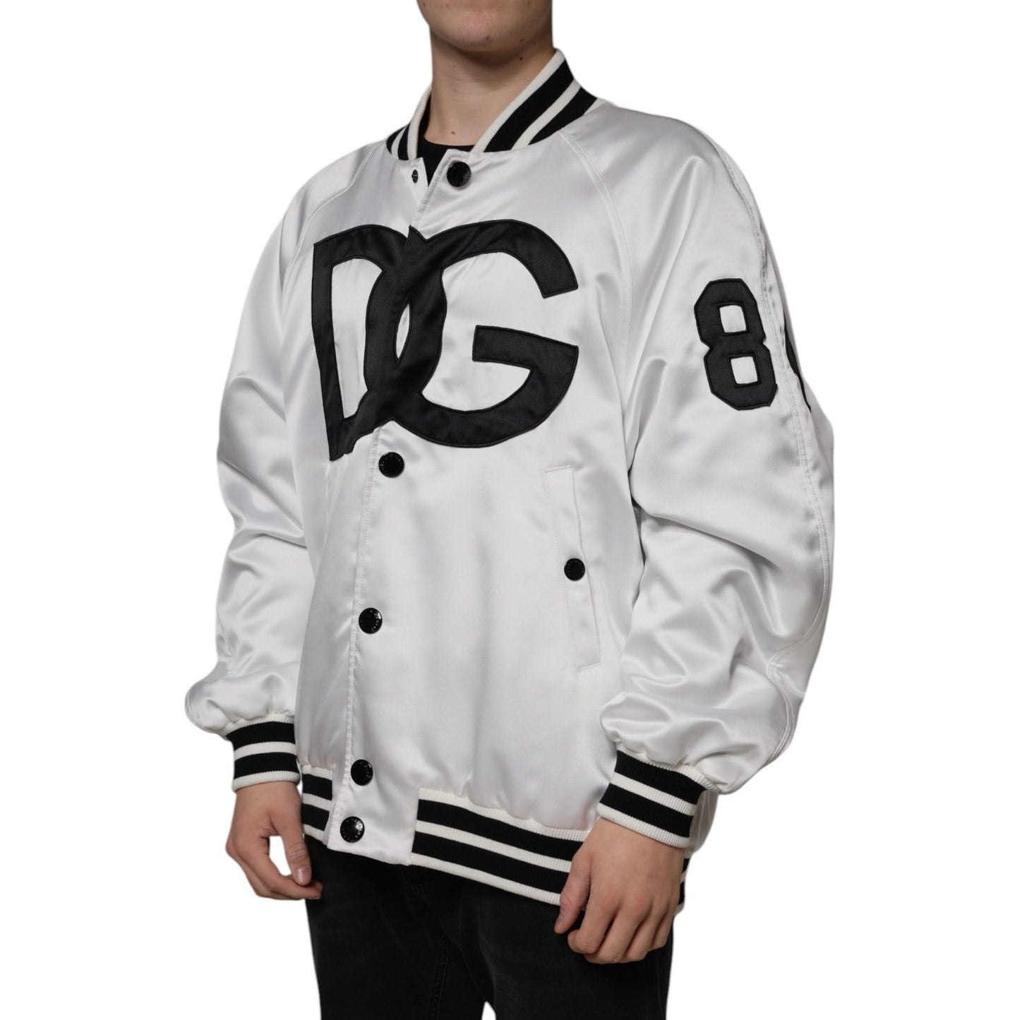 Dolce & Gabbana White Polyester Logo Full Zip Bomber Jacket Dolce & Gabbana