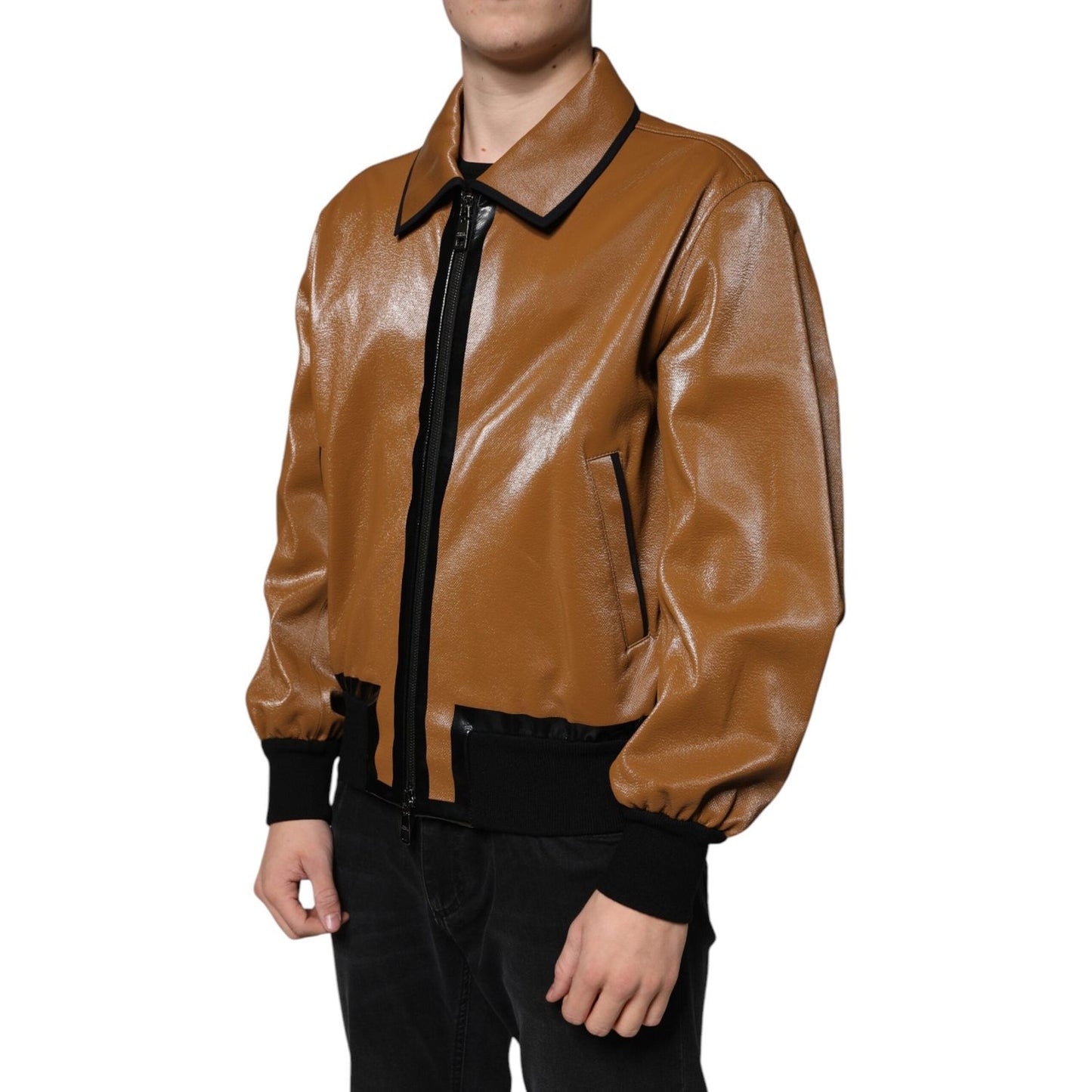 Dolce & Gabbana Brown Leather Full Zip Men Bomber Jacket Dolce & Gabbana