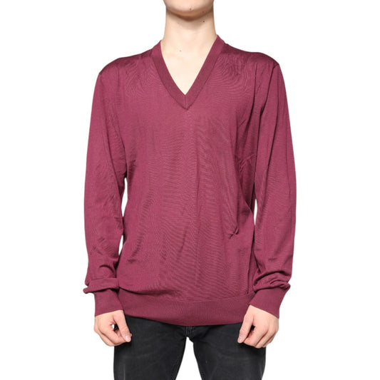 Dolce & Gabbana Maroon Cashmere V-neck Men Pullover Sweater