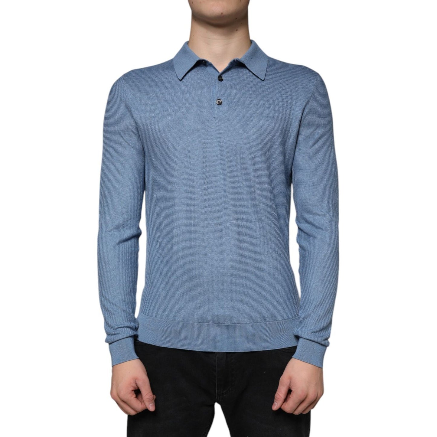 Dolce & Gabbana Sky Blue Silk Collared Men Pullover Sweater