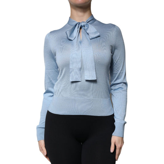 Dolce & Gabbana Blue Silk Knit Pullover Ascot Collar Top