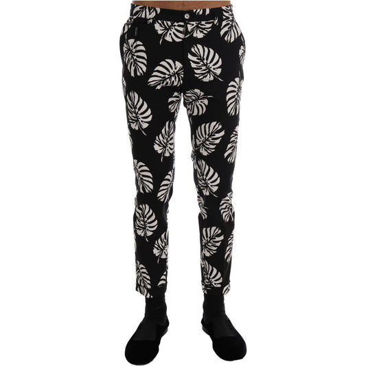 Dolce & Gabbana White Black Leaf Cotton Stretch Slim Pants Dolce & Gabbana