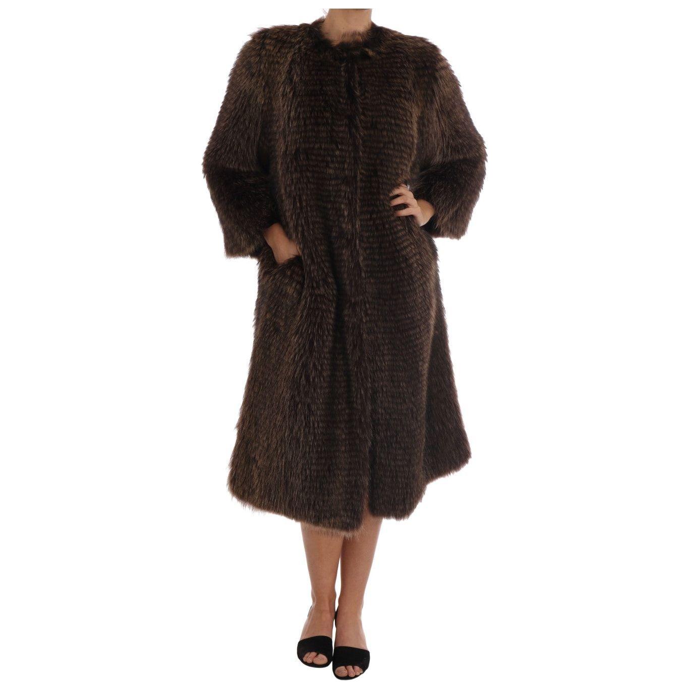 Dolce & Gabbana Elegant Brown Raccoon Fur Knee-Length Coat Coats & Jackets Dolce & Gabbana