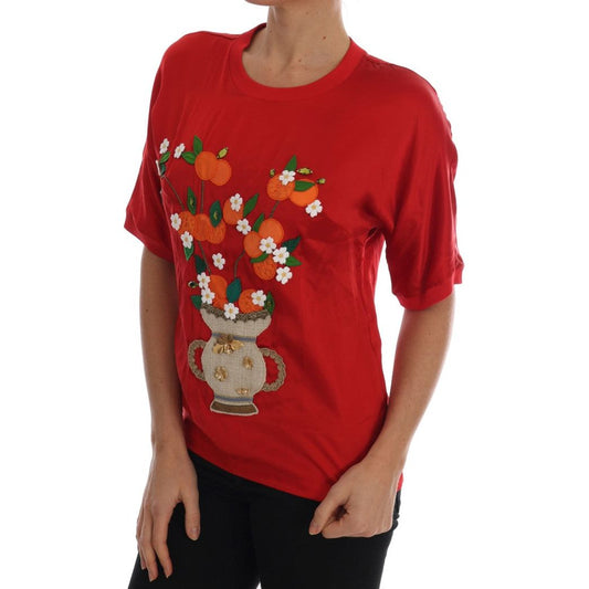 Dolce & Gabbana Red Silk Floral Embroidered Elegance Top Dolce & Gabbana