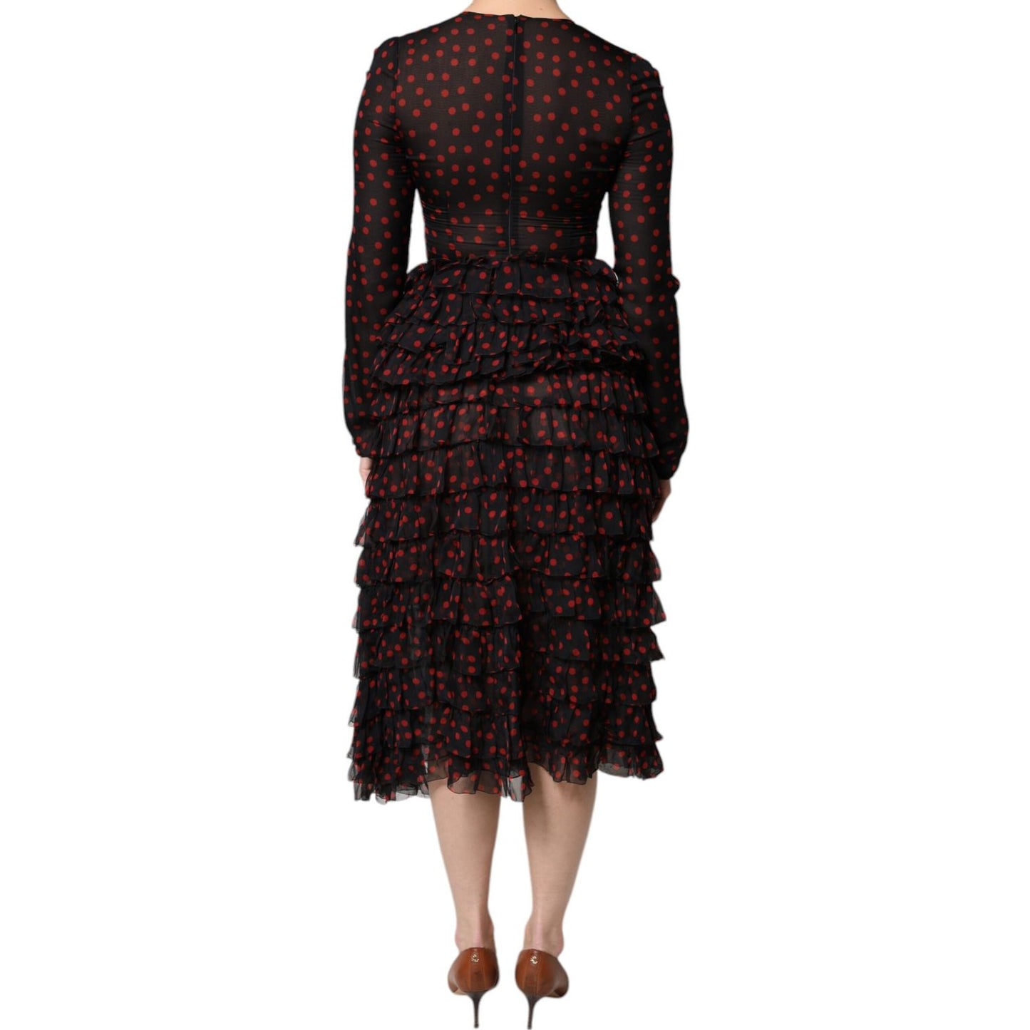 Dolce & Gabbana Black Red Polka Dot Silk Layered Midi Dress