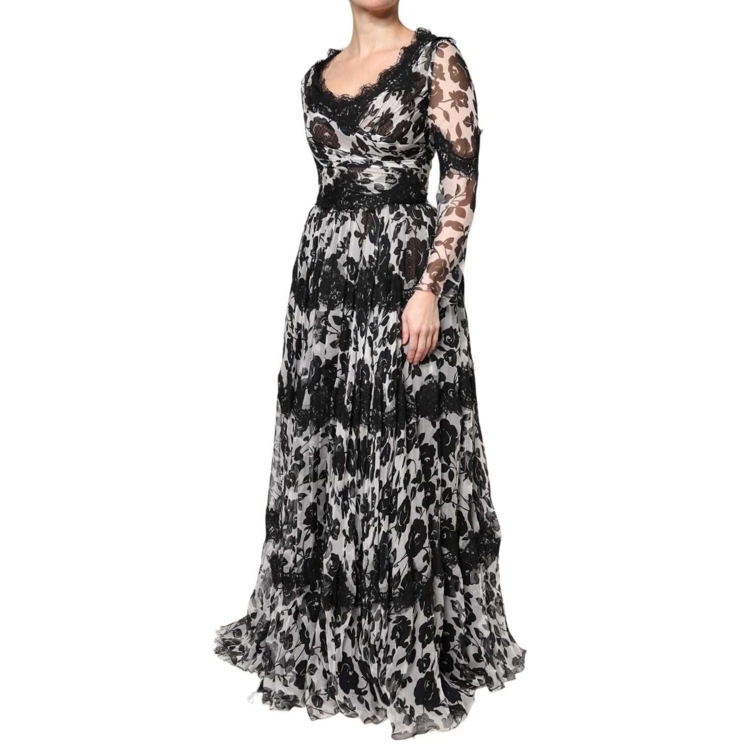 Dolce & Gabbana Black Silk Floral Lace Ricamo Ball Maxi Dress